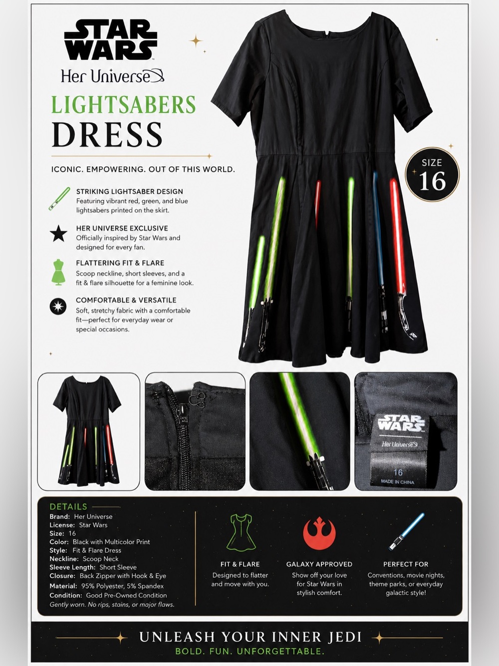 Her Universe Black Lightsaber Skater Dress with Red, Green & Blue Details